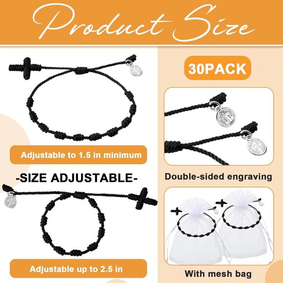 Black Men's/Women's St Benedict Medal Rosary Bracelet Adjustable Cord Chain - Picture 2 of 7